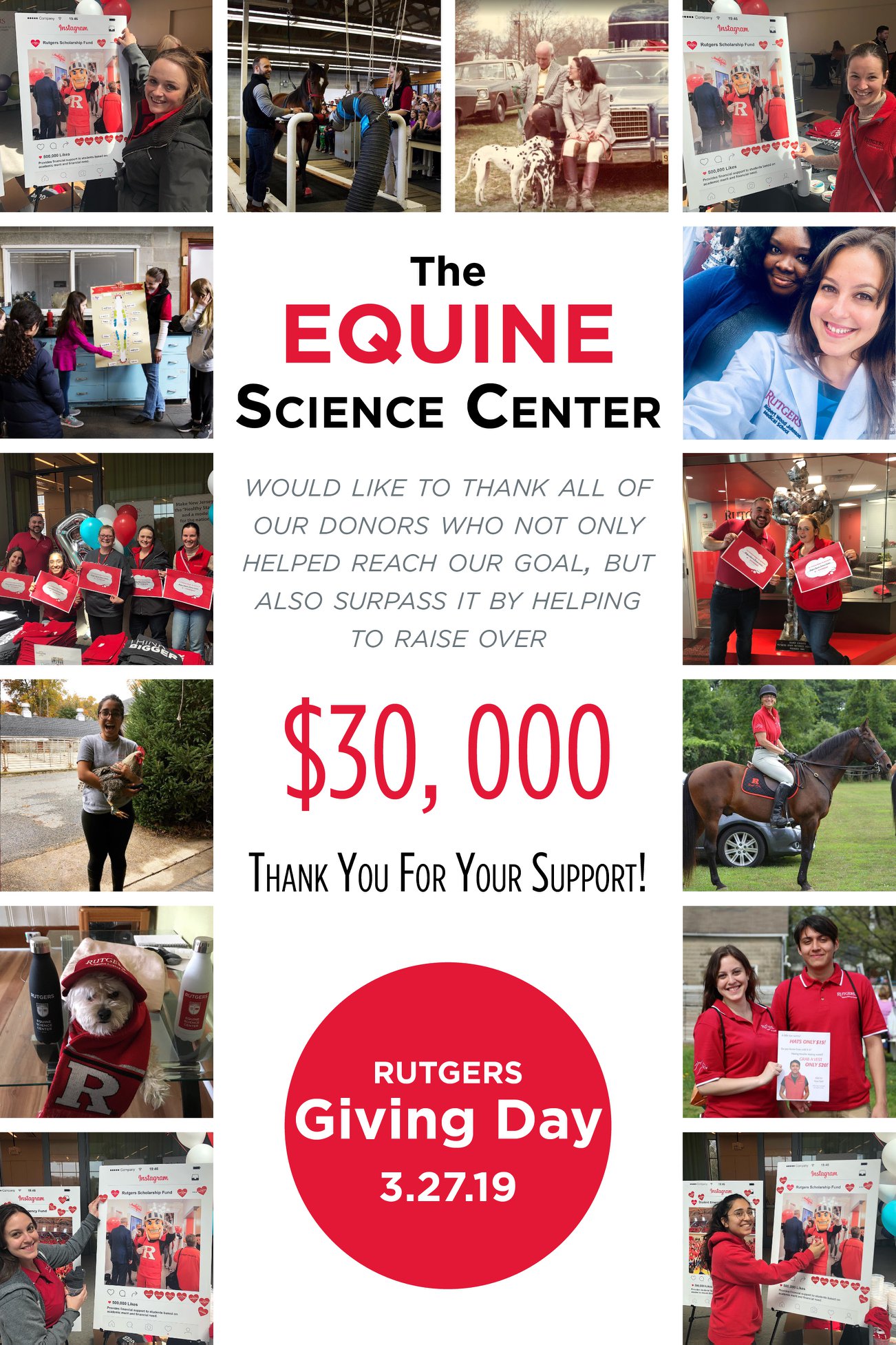 Collage of images showcasing The Equine Science Center's events and supporters, celebrating the achievement of raising over $30,000 for Rutgers Giving Day on March 27, 2019.