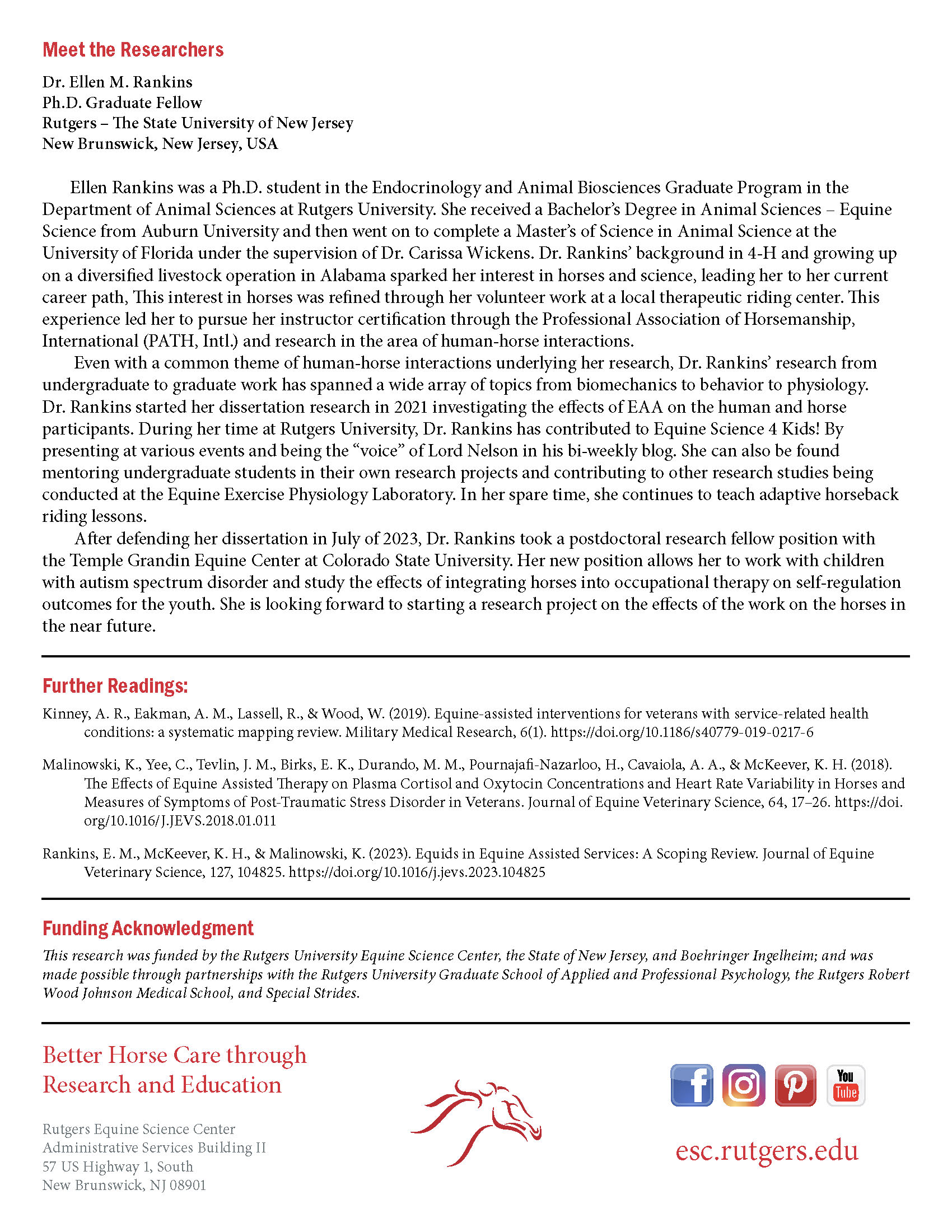 A professional biography of Dr. Ellen M. Rankins, a Ph.D. Graduate Fellow at Rutgers University, detailing her academic background, research interests in equine science, and future projects.