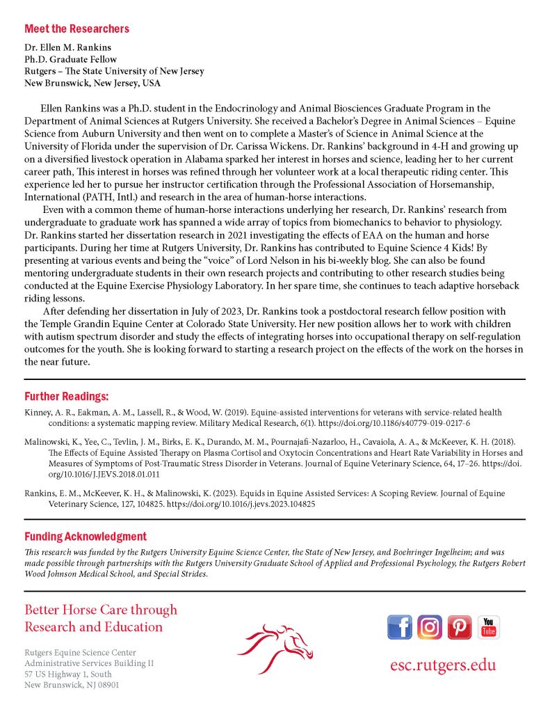 A professional biography of Dr. Ellen M. Rankins, a Ph.D. Graduate Fellow at Rutgers University, detailing her academic background, research interests in equine science, and future projects.