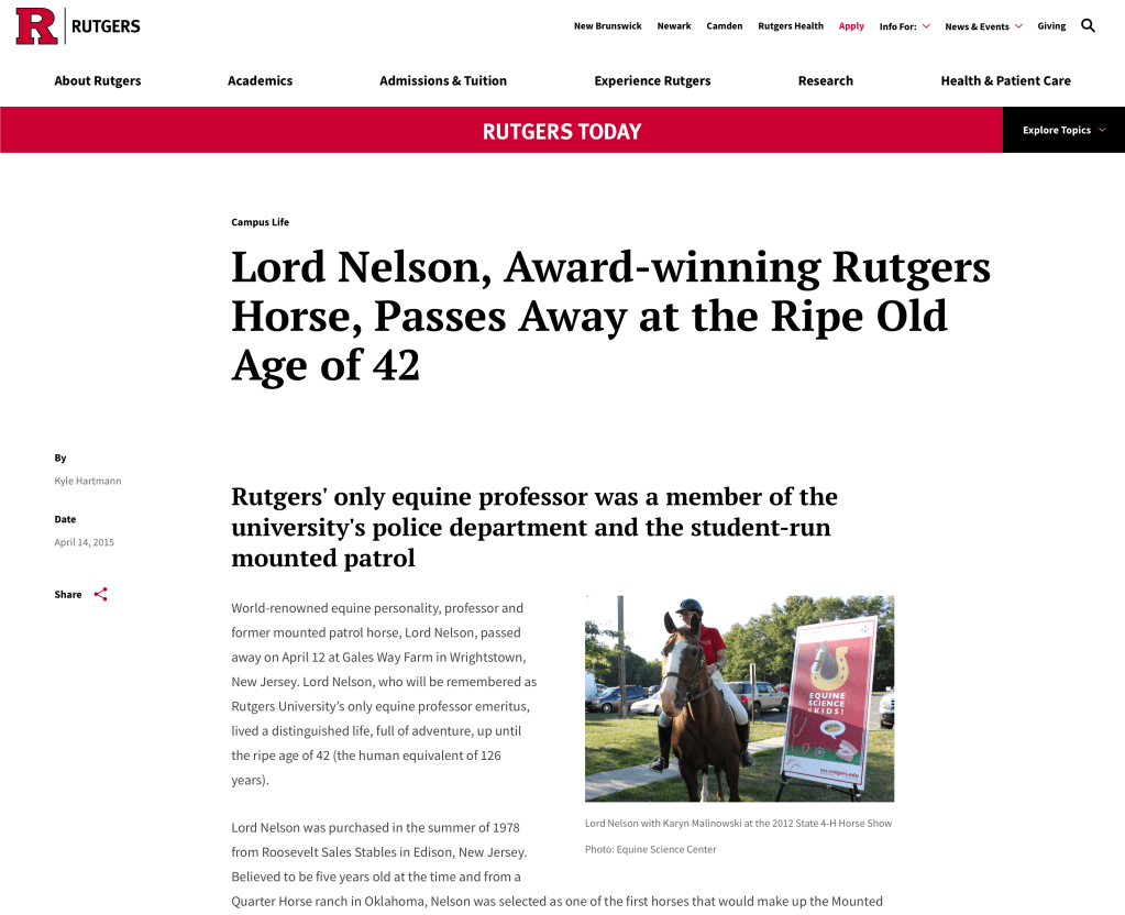 An article about Lord Nelson, an award-winning horse associated with Rutgers University, who passed away at the age of 42. The image shows Lord Nelson with a rider at an event, alongside a banner.