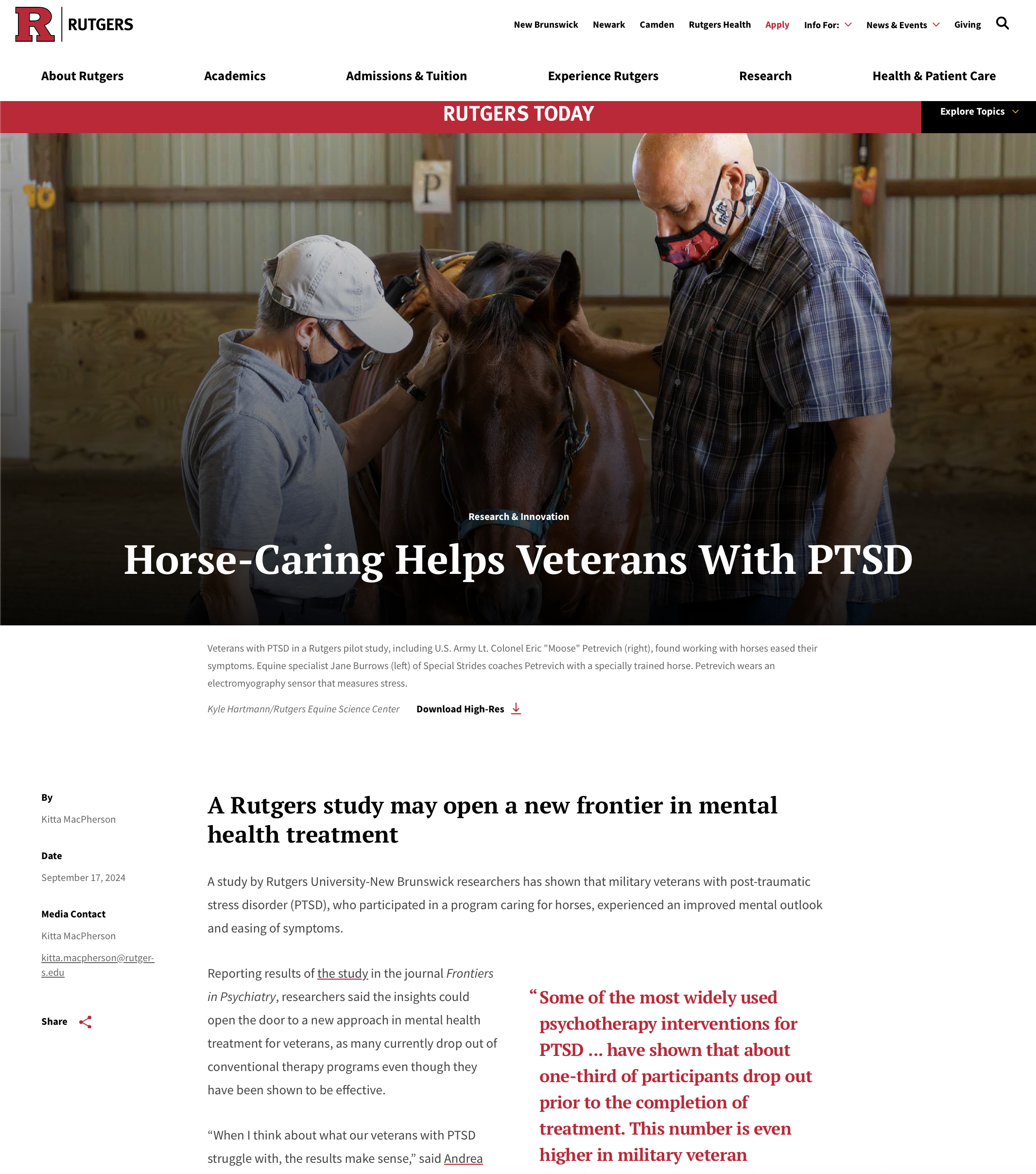 A U.S. Army veteran interacts with a horse during a therapy session aimed at helping veterans with PTSD, alongside an equine specialist who offers guidance.