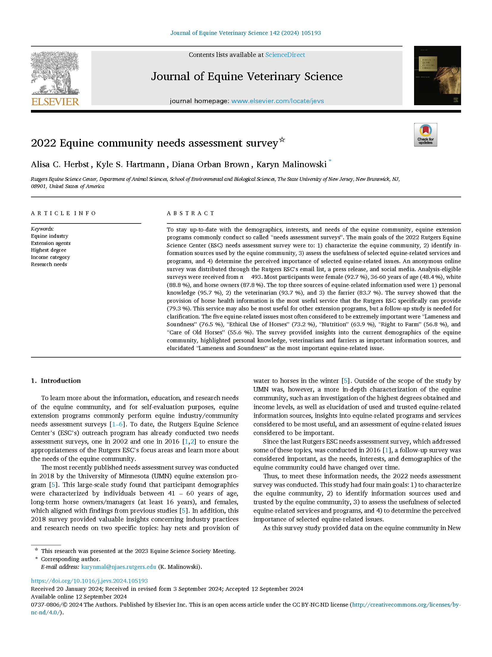 A research article from the Journal of Equine Veterinary Science, detailing the 2022 Equine Community Needs Assessment Survey conducted by the Rutgers Equine Science Center. The study characterizes the equine community, identifies key information sources, and assesses selected equine-related issues and services.