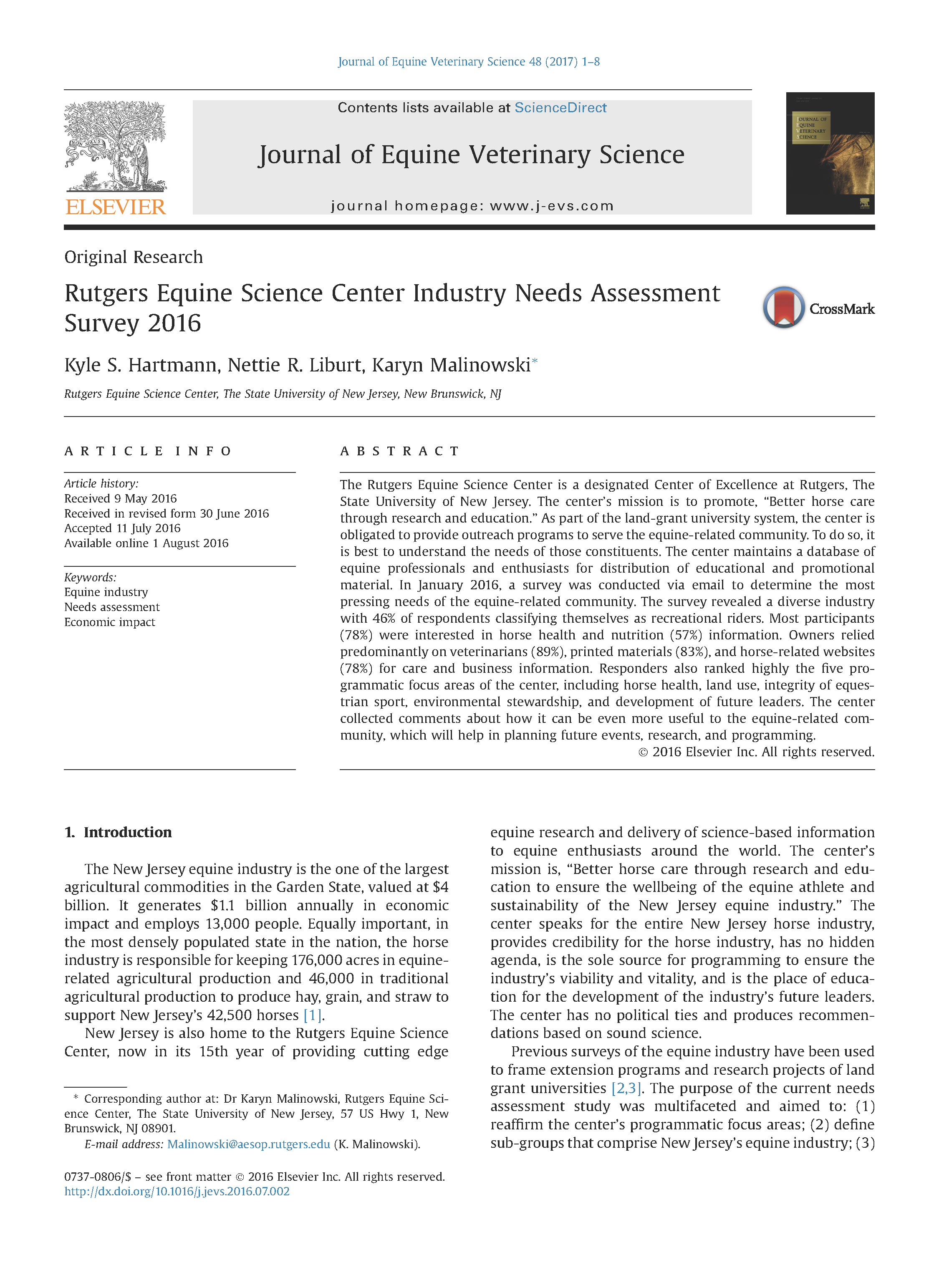 Research article titled 'Rutgers Equine Science Center Industry Needs Assessment Survey 2016' discussing the findings of a survey on the needs of the equine-related community in New Jersey.