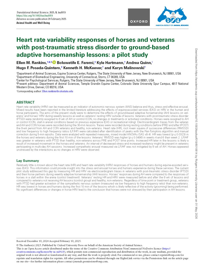 Research article on heart rate variability in horses and veterans with PTSD during adaptive horsemanship lessons.